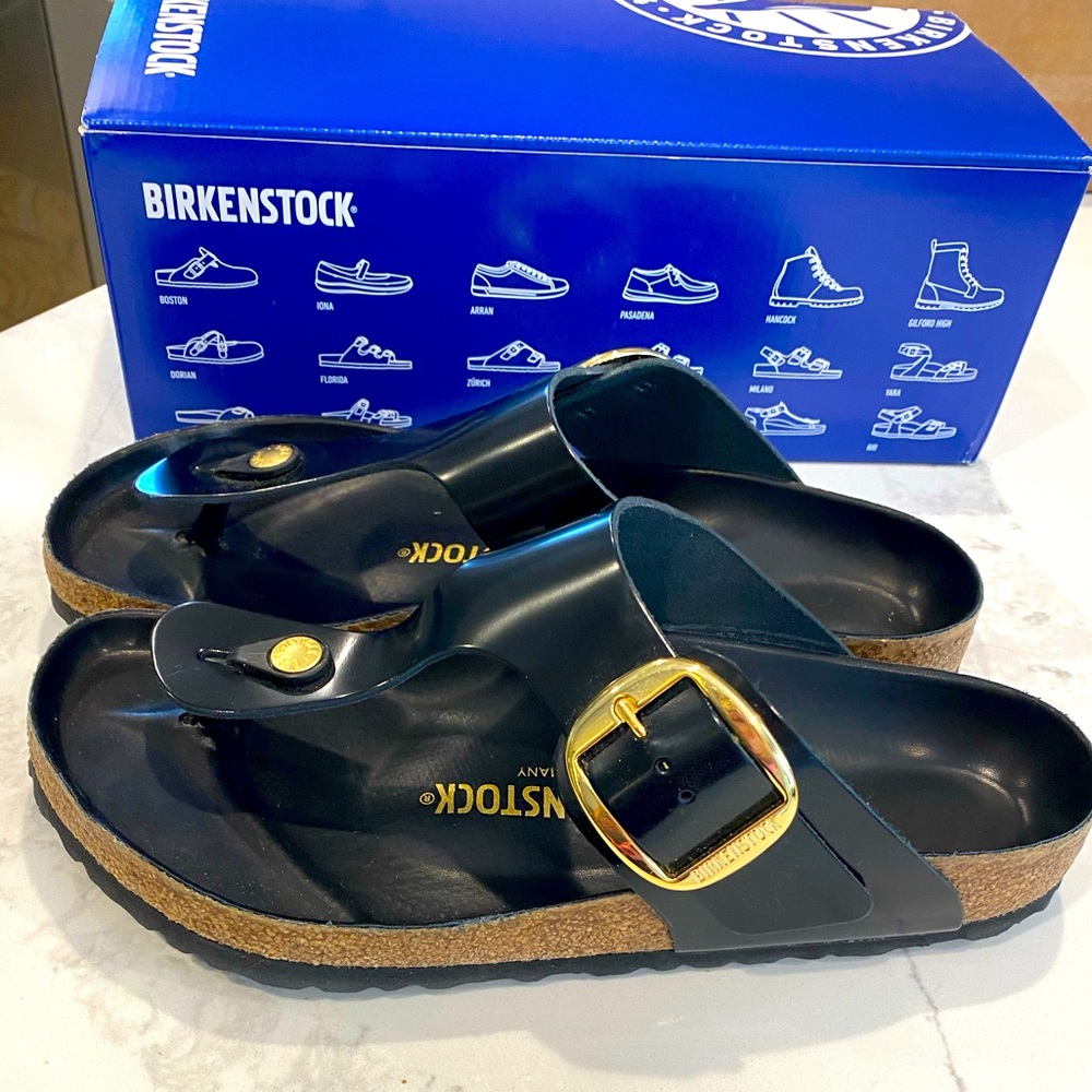 Birkenstock Gizeh big buckle gold black patent 9 40